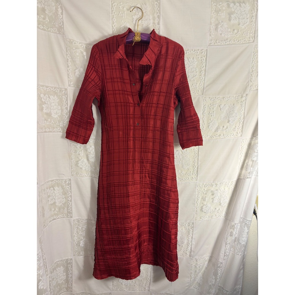 Babette Rust Red Crinkle Tunic Boho Button Front Midi Dress Size S